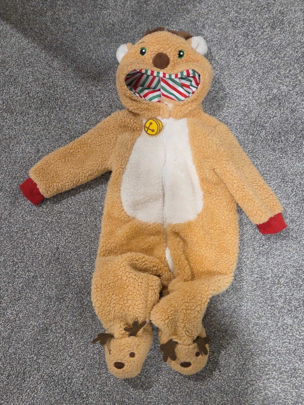 Kids Plush Reindeer Costume One-Piece - Tan with Red Cuffs